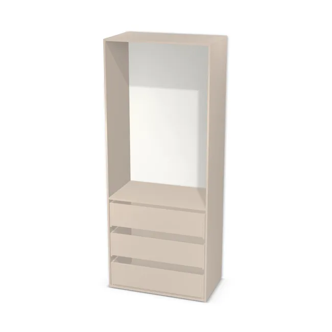 Korpus: Kaszmir (U702, ST9), Materiał pleców: Plecy z płyty HDF 3 mm (biała), Szerokość: 102 cm, Wysokość: 250 cm, Głębokość: 58 cm, Wys. części z szufladami: 95 cm, Fronty: Bez frontów, Liczba szuflad: 3 szuflady, Liczba półek: Bez półek, Typ podstawy: Brak (tylko ślizgacze), System domyku: Otwieranie uchwytem (+Hamulec Blumotion), Szuflady: Blum Tandem (Optimum Blum), Zawiasy: Dobór we własnym zakresie (Brak), Uchwyty: Brak uchwytów i brak nawiertów (Brak uchwytów), Uchwyty szuflad: Brak uchwytów i brak nawiertów (Brak uchwytów), Obrzeże korpusu: 0,8 mm, Rodzaj: Zabudowa szeregowa