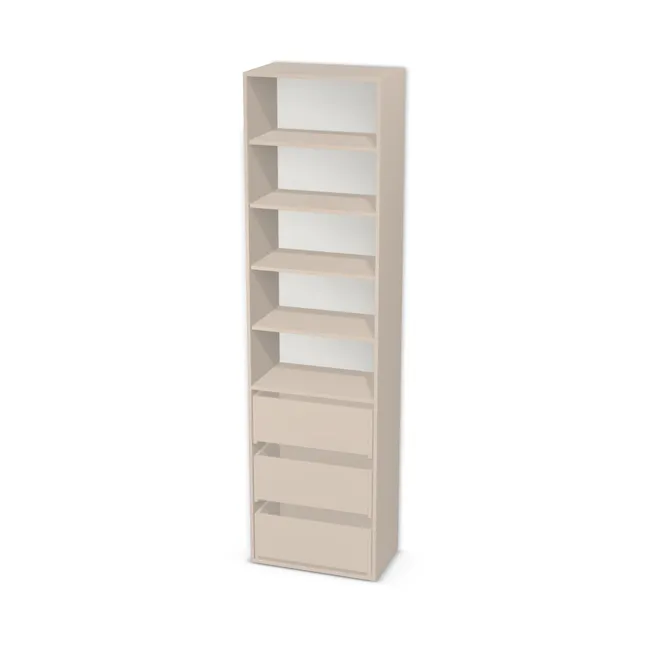 Korpus: Kaszmir (U702, ST9), Materiał pleców: Plecy z płyty HDF 3 mm (biała), Szerokość: 67 cm, Wysokość: 250 cm, Głębokość: 40 cm, Wys. części z szufladami: 95 cm, Fronty: Bez frontów, Liczba szuflad: 3 szuflady, Liczba półek: 4 półki, Rozmieszczenie półek: Rozmieszczenie symetryczne półek, Typ podstawy: Brak (tylko ślizgacze), System domyku: Otwieranie uchwytem (+Hamulec Blumotion), Szuflady: Blum Tandem (Optimum Blum), Zawiasy: Dobór we własnym zakresie (Brak), Uchwyty: Brak uchwytów i brak nawiertów (Brak uchwytów), Uchwyty szuflad: Brak uchwytów i brak nawiertów (Brak uchwytów), Podpórki półek: Podpórki Kuadro z zabezpieczeniem (typ 2) (Premium / z zabezp.), Obrzeże korpusu: 0,8 mm, Rodzaj: Zabudowa szeregowa