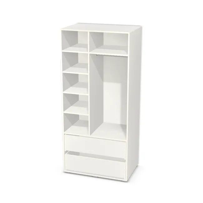 Korpus: Biały klasyczny (W960, SM), Materiał pleców: Plecy z płyty jak korpus, Szerokość: 95,3 cm, Wysokość: 206,7 cm, Wysokość z nóżkami: 208,5 cm, Głębokość: 60 cm, Szer. części lewej: 40 cm, Wys. części z drążkiem (od wieńca dolnego): 178 cm, Przestrzeń pod drążkiem (od osi drążka do półki): 108,6 cm, Wys. części z szufladami: 60 cm, Układ mebla: Po lewej półki, po prawej szafka na wieszaki, Fronty: Bez frontów - nawierty pod prowadniki lewe i prawe, Liczba szuflad: 2 szuflady, Liczba półek: 4 półki, Rozmieszczenie półek: Rozmieszczenie symetryczne półek, Typ podstawy: Nóżki (wg wyboru), System domyku: Otwieranie uchwytem (+Hamulec Blumotion), Szuflady: Blum Movento (Premium Blum), Zawiasy: Blum ClipTop 110 cichy domyk (Premium), Nóżki: Nóżka kwadratowa K099 z regulacją - chrom mat lakier / wys. 1.8 cm (Kwadratowa K099), Uchwyty: Brak uchwytów i brak nawiertów (Brak uchwytów), Uchwyty szuflad: Brak uchwytów i brak nawiertów (Brak uchwytów), Podpórki półek: Podpórki Kuadro z zabezpieczeniem (typ 2) (Premium / z zabezp.), Obrzeże korpusu: 0,8 mm, Rodzaj: Zabudowa szeregowa
