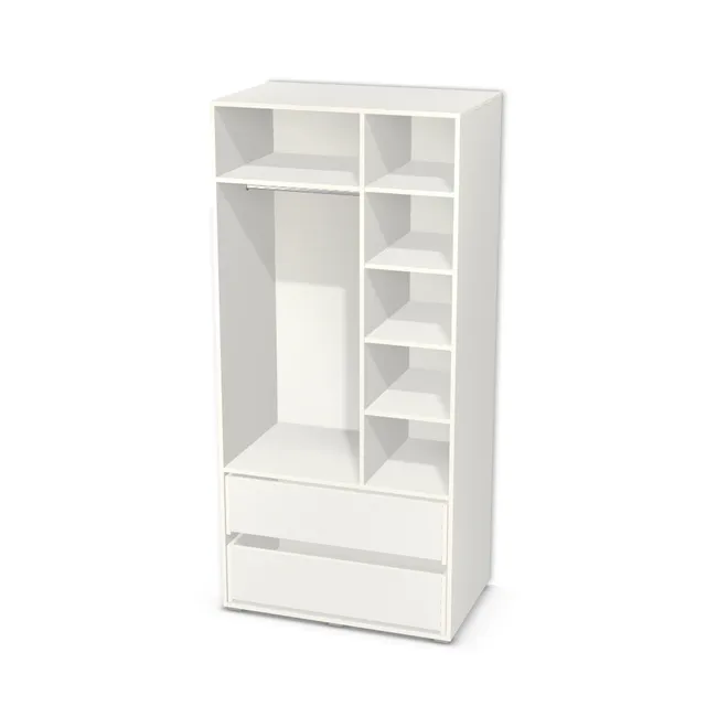 Korpus: Biały klasyczny (W960, SM), Materiał pleców: Plecy z płyty jak korpus, Szerokość: 96,8 cm, Wysokość: 206,7 cm, Wysokość z nóżkami: 208,5 cm, Głębokość: 60 cm, Szer. części lewej: 60 cm, Wys. części z drążkiem (od wieńca dolnego): 178 cm, Przestrzeń pod drążkiem (od osi drążka do półki): 108,6 cm, Wys. części z szufladami: 60 cm, Układ mebla: Po lewej szafka na wieszaki, po prawej półki, Fronty: Bez frontów - nawierty pod prowadniki lewe i prawe, Liczba szuflad: 2 szuflady, Liczba półek: 4 półki, Rozmieszczenie półek: Rozmieszczenie symetryczne półek, Typ podstawy: Nóżki (wg wyboru), System domyku: Otwieranie uchwytem (+Hamulec Blumotion), Szuflady: Blum Movento (Premium Blum), Zawiasy: Blum ClipTop 110 cichy domyk (Premium), Nóżki: Nóżka kwadratowa K099 z regulacją - chrom mat lakier / wys. 1.8 cm (Kwadratowa K099), Uchwyty: Brak uchwytów i brak nawiertów (Brak uchwytów), Uchwyty szuflad: Brak uchwytów i brak nawiertów (Brak uchwytów), Podpórki półek: Podpórki Kuadro z zabezpieczeniem (typ 2) (Premium / z zabezp.), Obrzeże korpusu: 0,8 mm, Rodzaj: Zabudowa szeregowa