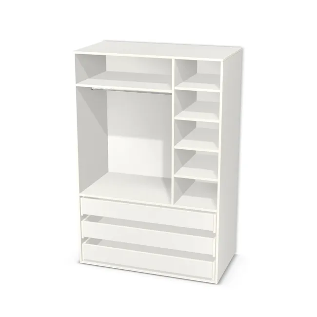 Korpus: Biały klasyczny (W960, SM), Materiał pleców: Plecy z płyty HDF 3 mm (biała), Szerokość: 117 cm, Wysokość: 175 cm, Głębokość: 60 cm, Szer. części lewej: 80 cm, Wys. części z drążkiem (od wieńca dolnego): 150 cm, Przestrzeń pod drążkiem (od osi drążka do półki): 80,6 cm, Wys. części z szufladami: 60 cm, Układ mebla: Po lewej szafka na wieszaki, po prawej półki, Fronty: Bez frontów, Liczba szuflad: 3 szuflady, Liczba półek: 4 półki, Rozmieszczenie półek: Rozmieszczenie symetryczne półek, Typ podstawy: Brak (tylko ślizgacze), System domyku: Otwieranie naciskiem (Tip-On), Szuflady: Blum Tandem (Optimum Blum), Zawiasy: Dobór we własnym zakresie (Brak), Uchwyty: Brak uchwytów i brak nawiertów (Brak uchwytów), Uchwyty szuflad: Brak uchwytów i brak nawiertów (Brak uchwytów), Podpórki półek: Podpórki Kuadro z zabezpieczeniem (typ 2) (Premium / z zabezp.), Obrzeże korpusu: 2,0 mm, Rodzaj: Zabudowa szeregowa