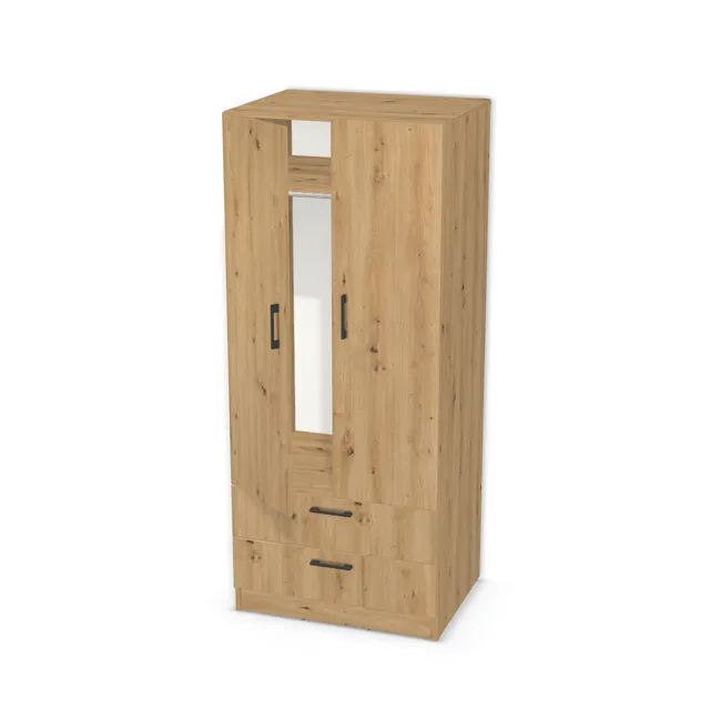 Front: Dąb dziki naturalny (H1318, ST10) Usłojenie Pionowe, Korpus: Dąb dziki naturalny (H1318, ST10), Usłojenie frontu: Pionowe, Materiał pleców: Plecy z płyty HDF 3 mm (biała), Szerokość: 80 cm, Wysokość: 180 cm, Wysokość z cokołem: 190 cm, Głębokość: 60 cm, Głębokość z frontem: 61,8 cm, Wys. części z drążkiem (od wieńca dolnego): 155 cm, Przestrzeń pod drążkiem (od osi drążka do półki): 103,6 cm, Wys. części z szufladami: 42 cm, Fronty: Fronty - drzwi lewe i prawe, fronty szuflad, Liczba szuflad: 2 szuflady, Typ podstawy: Cokół 10 cm, System domyku: Otwieranie uchwytem (+Hamulec Blumotion), Szuflady: Blum Tandem Wysuw 75% (Optimum Blum), Zawiasy: Blum ClipTop 110 cichy domyk (Premium), Uchwyty: Uchwyt 2576 Czarny Mat rozstaw 128 mm (Uchwyt 2576 128 mm), Uchwyty szuflad: Uchwyt 2576 Czarny Mat rozstaw 128 mm (Uchwyt 2576 128 mm), Obrzeże korpusu: 0,8 mm, Obrzeże frontu: 2,0 mm, Rozmieszczenie uchwytów: Pionowo (środek frontu, bok 50 mm), Rozmieszczenie uchwytów szuflad: Poziomo (góra frontu 50 mm, środek)