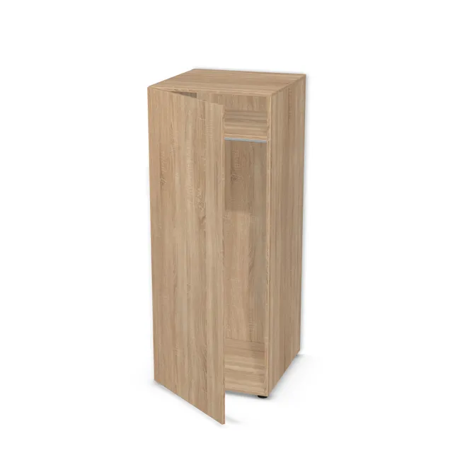Front: Dąb Bardolino naturalny (H1145, ST10) Usłojenie Pionowe, Korpus: Dąb Bardolino naturalny (H1145, ST10), Usłojenie frontu: Pionowe, Materiał pleców: Plecy z płyty jak korpus, Szerokość: 60 cm, Wysokość: 150 cm, Wysokość z nóżkami: 151,9 cm, Głębokość: 60 cm, Głębokość z frontem: 61,8 cm, Wys. części dolnej: 130 cm, Przestrzeń pod drążkiem (od osi drążka do wieńca dolnego): 119,7 cm, Układ półek pod drążkiem: Bez półki pod drążkiem, Drzwi: 1 front - otwierany w lewo, Typ podstawy: Nóżki (wg wyboru), System domyku: Otwieranie naciskiem (Tip-On), Zawiasy: Blum ClipTop 110 bez sprężyny (Premium), Nóżki: Ślizgacz czarny 2-częściowy 54x19mm tworzywo sztuczne (Stopka fi54 19mm), Uchwyty: Brak uchwytów i brak nawiertów (Brak uchwytów), Obrzeże korpusu: 0,8 mm, Obrzeże frontu: 0,8 mm
