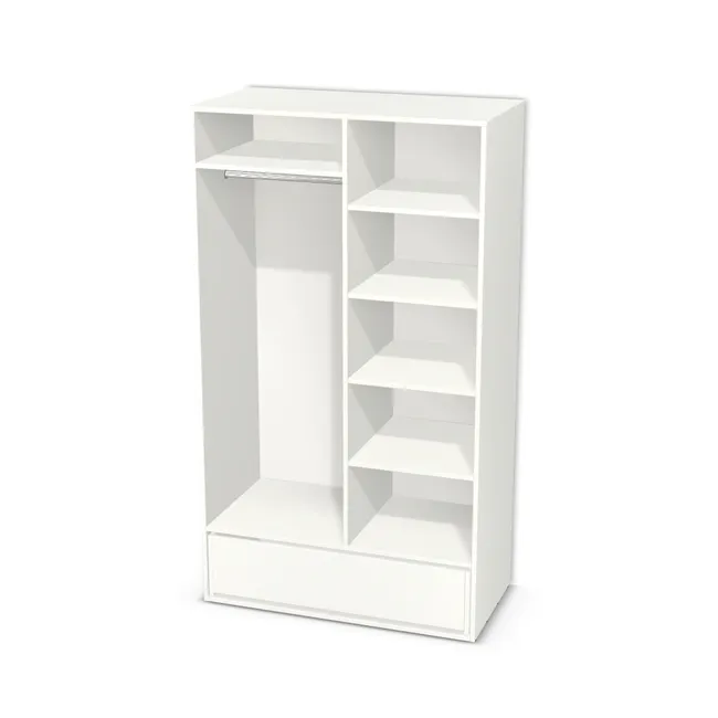 Korpus: Biały alpejski (W1100, ST9), Materiał pleców: Plecy z płyty HDF 3 mm (biała), Szerokość: 108 cm, Wysokość: 190 cm, Głębokość: 54 cm, Szer. części lewej: 58 cm, Wys. części z drążkiem (od wieńca dolnego): 170 cm, Przestrzeń pod drążkiem (od osi drążka do półki): 130,6 cm, Wys. części z szufladami: 30 cm, Układ mebla: Po lewej szafka na wieszaki, po prawej półki, Fronty: Bez frontów - nawierty pod prowadniki lewe i prawe, Liczba szuflad: 1 szuflada, Liczba półek: 4 półki, Rozmieszczenie półek: Rozmieszczenie symetryczne półek, Typ podstawy: Brak (tylko ślizgacze), System domyku: Otwieranie uchwytem (+Hamulec Blumotion), Szuflady: Blum Movento (Premium Blum), Zawiasy: Blum ClipTop 110 cichy domyk (Premium), Uchwyty: Brak uchwytów i brak nawiertów (Brak uchwytów), Uchwyty szuflad: Brak uchwytów i brak nawiertów (Brak uchwytów), Podpórki półek: Podpórki Kuadro z zabezpieczeniem (typ 2) (Premium / z zabezp.), Obrzeże korpusu: 2,0 mm