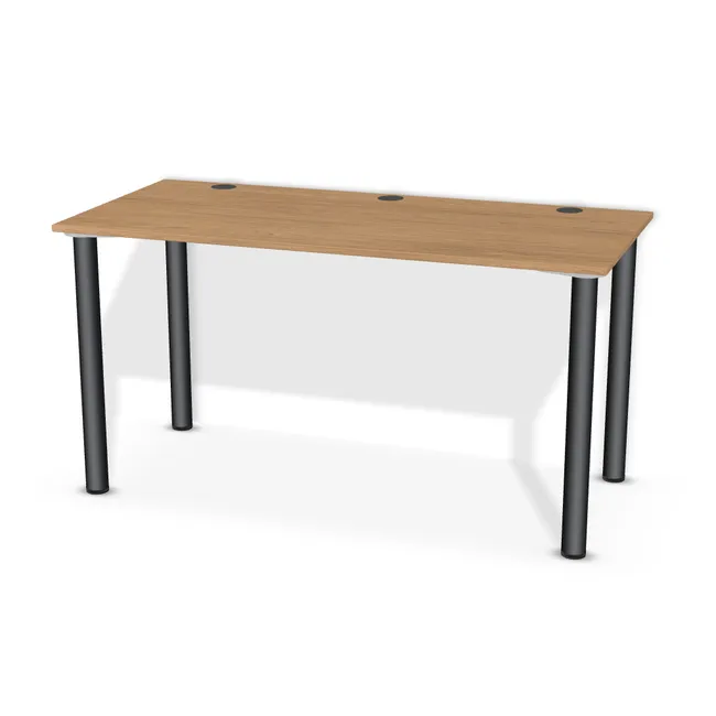 Blat: Dąb Casella naturalny (H1385, ST40 FLA, 18mm), Szerokość: 140 cm, Głębokość: 65 cm, Przepusty: Lewy róg - środek - prawy róg, Kolor przepustu: Przepust Kablowy z Plastiku fi 60 Czarny (Plastik 60 Czarny), Nóżki: Noga metalowa NOVA fi60 71cm Czarny Mat (Amix AN-710), Obrzeże blatu: 