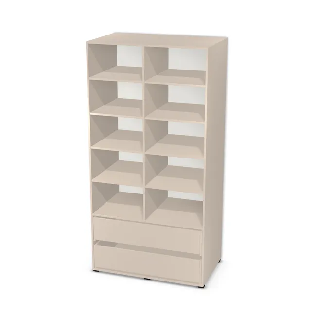 Korpus: Kaszmir (U702, ST9), Materiał pleców: Plecy z płyty HDF 3 mm (biała), Szerokość: 116 cm, Wysokość: 230 cm, Wysokość z nóżkami: 232 cm, Głębokość: 70 cm, Szer. części lewej: 56 cm, Wys. części z szufladami: 60 cm, Układ mebla: Po lewej półki, po prawej półki, Fronty: Bez frontów, Liczba szuflad: 2 szuflady, Liczba półek: 4 półki, Rozmieszczenie półek: Rozmieszczenie symetryczne półek, Typ podstawy: Nóżki (wg wyboru), System domyku: Otwieranie uchwytem (+Hamulec Blumotion), Szuflady: Blum Movento (Premium Blum), Zawiasy: Dobór we własnym zakresie (Brak), Nóżki: Nóżka Kwadratowa 6601 Bez Regulacji wys.2cm CZARNY MAT (Nóżka 6601 Czarna 2 cm), Uchwyty: Brak uchwytów i brak nawiertów (Brak uchwytów), Uchwyty szuflad: Brak uchwytów i brak nawiertów (Brak uchwytów), Podpórki półek: Podpórki Kuadro z zabezpieczeniem (typ 2) (Premium / z zabezp.), Obrzeże korpusu: 0,8 mm