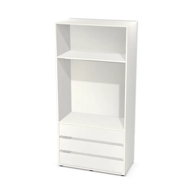 Korpus: Biały klasyczny (W960, SM), Materiał pleców: Plecy z płyty jak korpus, Szerokość: 120 cm, Wysokość: 250 cm, Wysokość z nóżkami: 251,9 cm, Głębokość: 60 cm, Wys. części z drążkiem (od wieńca dolnego): 195 cm, Przestrzeń pod drążkiem (od osi drążka do półki): 105,6 cm, Wys. części z szufladami: 80 cm, Fronty: Bez frontów, Liczba szuflad: 3 szuflady, Typ podstawy: Nóżki (wg wyboru), System domyku: Otwieranie uchwytem (+Hamulec Blumotion), Szuflady: Blum Tandem (Optimum Blum), Zawiasy: Dobór we własnym zakresie (Brak), Nóżki: Ślizgacz czarny 2-częściowy 54x19mm tworzywo sztuczne (Stopka fi54 19mm), Uchwyty: Brak uchwytów i brak nawiertów (Brak uchwytów), Uchwyty szuflad: Brak uchwytów i brak nawiertów (Brak uchwytów), Obrzeże korpusu: 0,8 mm