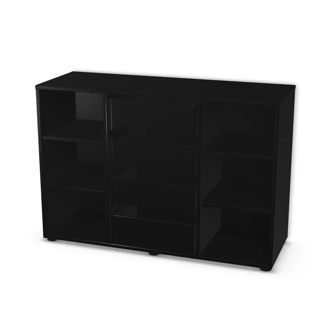 Korpus: Czarny (U999, ST19), Materiał pleców: Plecy z płyty jak korpus, Szerokość: 120 cm, Wysokość: 80 cm, Wysokość z nóżkami: 81,9 cm, Głębokość: 42 cm, Głębokość z frontem: 43,8 cm, Szer. części środkowej: 45 cm, Typ wieńca górnego: Wieniec górny nakładany, Fronty: Bez frontów, Liczba szuflad: 4 szuflady, Liczba półek: 2 półki, Rozmieszczenie półek: Rozmieszczenie symetryczne półek, Typ podstawy: Nóżki (wg wyboru), System domyku: Otwieranie naciskiem (Tip-On), Prowadnice szuflad: Blum Tandem (Optimum Blum), Zawiasy: Dobór we własnym zakresie (Brak), Nóżki: Ślizgacz czarny 2-częściowy 54x19mm tworzywo sztuczne (Stopka fi54 19mm), Uchwyty: Brak uchwytów i brak nawiertów (Brak uchwytów), Uchwyty szuflad: Brak uchwytów i brak nawiertów (Brak uchwytów), Podpórki półek: Podpórki Kuadro z zabezpieczeniem (typ 2) (Premium / z zabezp.), Obrzeże korpusu: 2,0 mm