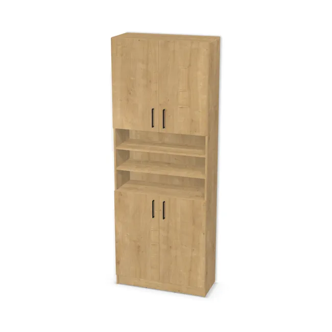 Front: Dąb Hamilton naturalny (H3303, ST10) Usłojenie Pionowe, Korpus: Dąb Hamilton naturalny (H3303, ST10), Usłojenie frontu: Pionowe, Materiał pleców: Plecy z płyty jak korpus, Szerokość: 90 cm, Wysokość: 230 cm, Wysokość z cokołem: 240 cm, Głębokość: 36 cm, Głębokość z frontem: 37,8 cm, Wys. części górnej: 83 cm, Wys. części dolnej: 87 cm, Drzwi: 4 fronty - 2 lewe, 2 prawe, Liczba półek na górze: 3 półki, Liczba półek na środku: 2 półki, Liczba półek na dole: 3 półki, Rozmieszczenie półek: Własne ustawienie, Typ podstawy: Cokół 10 cm, System domyku: Otwieranie uchwytem, Zawiasy: Blum ClipTop 110 cichy domyk (Premium), Uchwyty: Uchwyt U 0056 - czarny mat / rozstaw 160 mm (Uchwyt 0056 160 mm), Podpórki półek: Podpórki Kuadro z zabezpieczeniem (typ 2) (Premium / z zabezp.), Obrzeże korpusu: 0,8 mm, Obrzeże frontu: 0,8 mm, Rozmieszczenie uchwytów: Pionowo (góra frontu 50 mm, bok 50 mm), Rozmieszczenie uchwytów (na górze): Pionowo (dół frontu 50 mm), bok 50 mm)