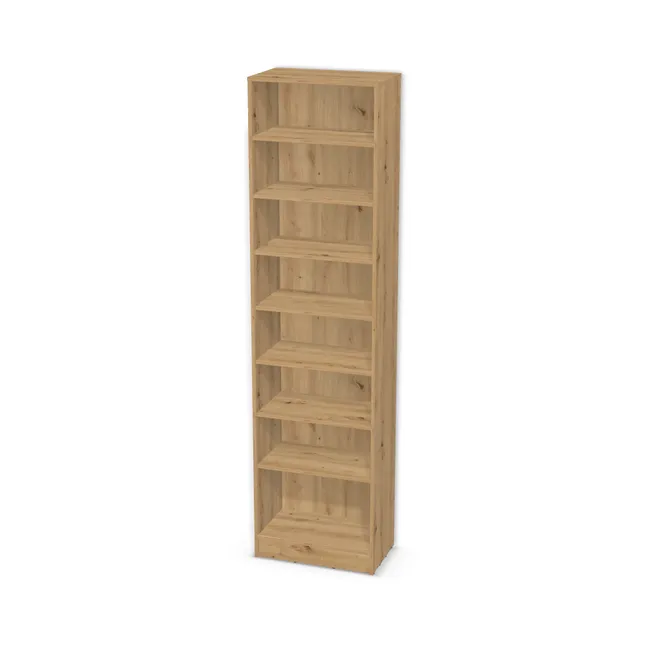 Korpus: Dąb dziki naturalny (H1318, ST10), Materiał pleców: Plecy z płyty jak korpus, Szerokość: 60 cm, Wysokość: 220 cm, Wysokość z cokołem: 230 cm, Głębokość: 35 cm, Liczba półek: 7 półek, Rozmieszczenie półek: Własne ustawienie, Typ podstawy: Cokół 10 cm, Podpórki półek: Podpórki Kuadro z zabezpieczeniem (typ 2) (Premium / z zabezp.), Obrzeże korpusu: 2,0 mm