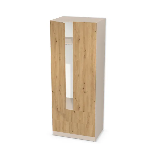 Front: Dąb dziki naturalny (H1318, ST10) Usłojenie Pionowe, Korpus: U5981 (U5981, BS), Usłojenie frontu: Pionowe, Materiał pleców: Plecy z płyty HDF 3 mm (biała), Szerokość: 88 cm, Wysokość: 220 cm, Wysokość z cokołem: 230 cm, Głębokość: 60 cm, Głębokość z frontem: 61,8 cm, Szer. części lewej: 44 cm, Wys. części z drążkiem (od wieńca dolnego): 180 cm, Przestrzeń pod drążkiem (od osi drążka do półki): 120,6 cm, Wys. części z szufladami: 50 cm, Układ mebla: Po lewej szafka na wieszaki, po prawej półki, Fronty: Fronty - drzwi lewe i prawe, fronty szuflad, Liczba szuflad: 2 szuflady, Liczba półek: 6 półek, Rozmieszczenie półek: Rozmieszczenie symetryczne półek, Typ podstawy: Cokół 10 cm, System domyku: Otwieranie naciskiem (Tip-On), Szuflady: Blum Tandem (Optimum Blum), Zawiasy: Blum ClipTop 110 bez sprężyny (Premium), Uchwyty: Brak uchwytów i brak nawiertów (Brak uchwytów), Uchwyty szuflad: Brak uchwytów i brak nawiertów (Brak uchwytów), Podpórki półek: Podpórki Kuadro z zabezpieczeniem (typ 2) (Premium / z zabezp.), Obrzeże korpusu: 0,8 mm, Obrzeże frontu: 0,8 mm