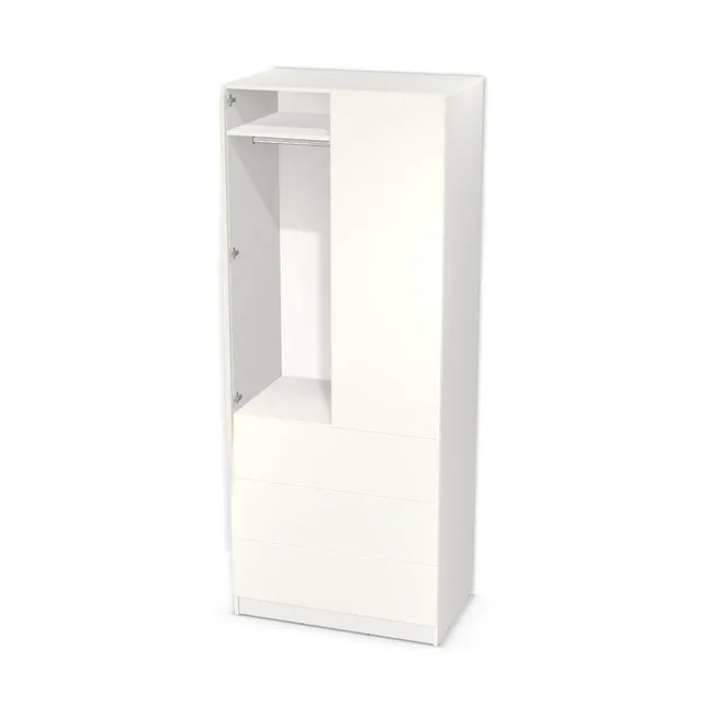 Front: Biały premium (W1000, ST38) Usłojenie Pionowe, Korpus: Biały klasyczny (W960, SM), Usłojenie frontu: Pionowe, Materiał pleców: Plecy z płyty HDF 3 mm (biała), Szerokość: 100 cm, Wysokość: 240 cm, Wysokość z cokołem: 250 cm, Głębokość: 60 cm, Głębokość z frontem: 61,8 cm, Szer. części lewej: 50 cm, Wys. części z drążkiem (od wieńca dolnego): 220 cm, Przestrzeń pod drążkiem (od osi drążka do półki): 120,6 cm, Wys. części z szufladami: 90 cm, Układ mebla: Po lewej szafka na wieszaki, po prawej półki, Fronty: Fronty - drzwi lewe i prawe, fronty szuflad, Liczba szuflad: 3 szuflady, Liczba półek: 4 półki, Rozmieszczenie półek: Rozmieszczenie symetryczne półek, Typ podstawy: Cokół 10 cm, System domyku: Otwieranie naciskiem (Tip-On), Szuflady: Blum Tandem (Optimum Blum), Zawiasy: Blum ClipTop 110 bez sprężyny (Premium), Uchwyty: Brak uchwytów i brak nawiertów (Brak uchwytów), Uchwyty szuflad: Brak uchwytów i brak nawiertów (Brak uchwytów), Podpórki półek: Podpórki Kuadro z zabezpieczeniem (typ 2) (Premium / z zabezp.), Obrzeże korpusu: 0,8 mm, Obrzeże frontu: 2,0 mm