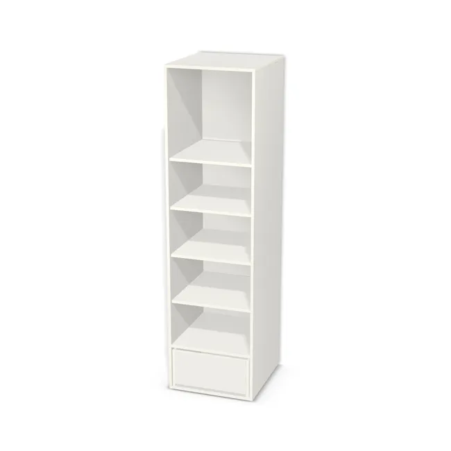 Korpus: Biały klasyczny (W960, SM), Materiał pleców: Plecy z płyty HDF 3 mm (biała), Szerokość: 56,5 cm, Wysokość: 210 cm, Głębokość: 60 cm, Wys. części z szufladami: 30 cm, Drzwi: Bez frontów - nawierty pod prowadniki prawe, Liczba szuflad: 1 szuflada, Liczba półek: 4 półki, Rozmieszczenie półek: Własne ustawienie, Typ podstawy: Brak (tylko ślizgacze), System domyku: Otwieranie uchwytem (+Hamulec Blumotion), Szuflady: Blum Tandem (Optimum Blum), Zawiasy: Dobór we własnym zakresie (Brak), Uchwyty: Brak uchwytów i brak nawiertów (Brak uchwytów), Uchwyty szuflad: Brak uchwytów i brak nawiertów (Brak uchwytów), Podpórki półek: Podpórki półki fi 5 mm (Basic / ruchome), Obrzeże korpusu: 0,8 mm, Rodzaj: Zabudowa szeregowa