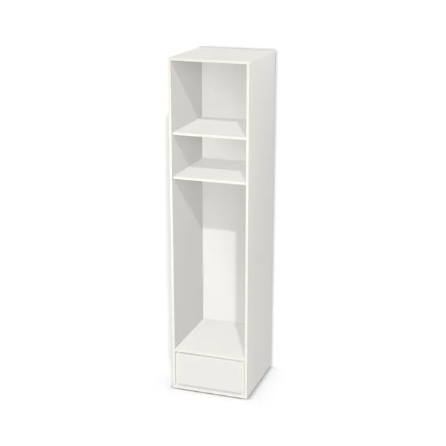 Korpus: Biały klasyczny (W960, SM), Materiał pleców: Plecy z płyty HDF 3 mm (biała), Szerokość: 56,5 cm, Wysokość: 240 cm, Głębokość: 60 cm, Wys. części z szufladami: 30 cm, Drzwi: Bez frontów - nawierty pod prowadniki prawe, Liczba szuflad: 1 szuflada, Liczba półek: 2 półki, Rozmieszczenie półek: Własne ustawienie, Typ podstawy: Brak (tylko ślizgacze), System domyku: Otwieranie uchwytem (+Hamulec Blumotion), Szuflady: Blum Tandem (Optimum Blum), Zawiasy: Dobór we własnym zakresie (Brak), Uchwyty: Brak uchwytów i brak nawiertów (Brak uchwytów), Uchwyty szuflad: Brak uchwytów i brak nawiertów (Brak uchwytów), Podpórki półek: Podpórki półki fi 5 mm (Basic / ruchome), Obrzeże korpusu: 0,8 mm, Rodzaj: Zabudowa szeregowa
