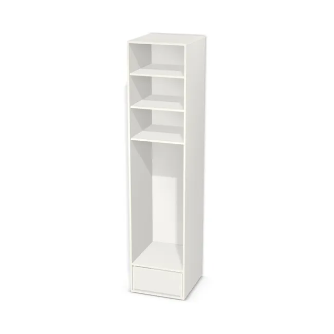 Korpus: Biały klasyczny (W960, SM), Materiał pleców: Plecy z płyty HDF 3 mm (biała), Szerokość: 56,5 cm, Wysokość: 250 cm, Głębokość: 60 cm, Wys. części z szufladami: 30 cm, Drzwi: Bez frontów - nawierty pod prowadniki prawe, Liczba szuflad: 1 szuflada, Liczba półek: 3 półki, Rozmieszczenie półek: Własne ustawienie, Typ podstawy: Brak (tylko ślizgacze), System domyku: Otwieranie uchwytem (+Hamulec Blumotion), Szuflady: Blum Tandem (Optimum Blum), Zawiasy: Dobór we własnym zakresie (Brak), Uchwyty: Brak uchwytów i brak nawiertów (Brak uchwytów), Uchwyty szuflad: Brak uchwytów i brak nawiertów (Brak uchwytów), Podpórki półek: Podpórki półki fi 5 mm (Basic / ruchome), Obrzeże korpusu: 0,8 mm, Rodzaj: Zabudowa szeregowa