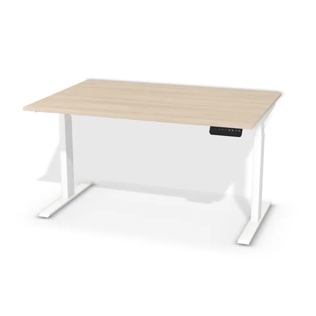 Blat: Klon Hard szampański (H3860, ST9, 18mm), Szerokość: 120 cm, Głębokość: 80 cm, Kształt blatu: Blat prostokątny, Układ kontrolera: Kontroler po prawej stronie, Pozycja kontrolera (od krawędzi blatu): 5 cm, Przepusty: Brak, Stelaż: Stelaż elektryczny do biurka FUTURO II (625-1275 mm) biały (Futuro II Stelaż Biały), Obrzeże blatu: 0,8 mm