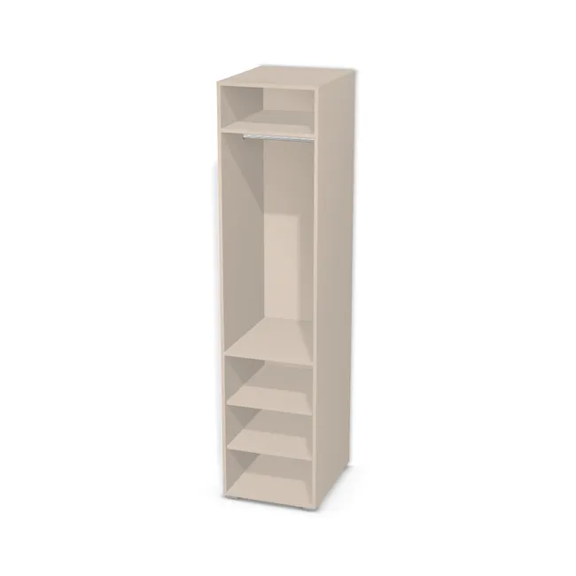 Korpus: U5981 (U5981, BS), Materiał pleców: Plecy z płyty jak korpus, Szerokość: 50 cm, Wysokość: 212 cm, Wysokość z nóżkami: 213,8 cm, Głębokość: 60 cm, Wys. części dolnej: 190 cm, Wys. między drążkiem a półką: 105 cm, Układ półek pod drążkiem: Półka stała pod drążkiem, Liczba dodatkowych półek na dole: 2 półki dodatkowe, Drzwi: Bez frontów, Rozmieszczenie półek: Rozmieszczenie symetryczne półek, Typ podstawy: Nóżki (wg wyboru), System domyku: Otwieranie uchwytem, Zawiasy: Dobór we własnym zakresie (Brak), Nóżki: Nóżka kwadratowa K099 z regulacją - chrom mat lakier / wys. 1.8 cm (Kwadratowa K099), Uchwyty: Brak uchwytów i brak nawiertów (Brak uchwytów), Podpórki półek: Podpórki Kuadro z zabezpieczeniem (typ 2) (Premium / z zabezp.), Obrzeże korpusu: 0,8 mm