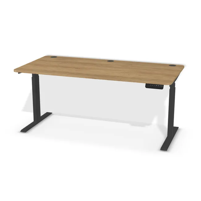 Blat: Hikora naturalna (H3730, ST10, 18mm), Szerokość: 150 cm, Głębokość: 74 cm, Kształt blatu: Blat zaoblony (R=50mm), Układ kontrolera: Kontroler po prawej stronie, Pozycja kontrolera (od krawędzi blatu): 6,5 cm, Przepusty: Lewy róg - środek - prawy róg, Kolor przepustu: Przepust Kablowy z Plastiku fi 60 Czarny (Plastik 60 Czarny), Stelaż: Stelaż elektryczny do biurka FUTURO II (625-1275 mm) czarny (Futuro II Stelaż Czarny), Obrzeże blatu: 0,8 mm