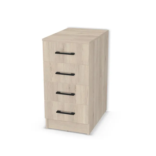 Front: Sosna Aland biała (H3430, ST22) Usłojenie Pionowe, Korpus: Sosna Aland biała (H3430, ST22), Usłojenie frontu: Pionowe, Materiał pleców: Plecy z płyty HDF 3 mm (biała), Szerokość: 40 cm, Wysokość: 70 cm, Wysokość z cokołem: 80 cm, Głębokość: 58 cm, Głęb. całkowita: 60 cm, Typ szuflady: Z frontem nakładanym, Typ wieńca górnego: Wieniec górny nakładany wysunięty nad front, Fronty szuflad: 4 fronty szuflad, Liczba szuflad: 4 szuflady, Typ podstawy: Cokół 10 cm, System domyku: Otwieranie uchwytem (+Hamulec Blumotion), Prowadnice szuflad: Blum Tandem (Optimum Blum), Uchwyty szuflad: Uchwyt 2576 Czarny Mat rozstaw 128 mm (Uchwyt 2576 128 mm), Obrzeże korpusu: 0,8 mm, Obrzeże frontu: 0,8 mm, Rozmieszczenie uchwytów szuflad: Poziomo (centralnie na froncie)