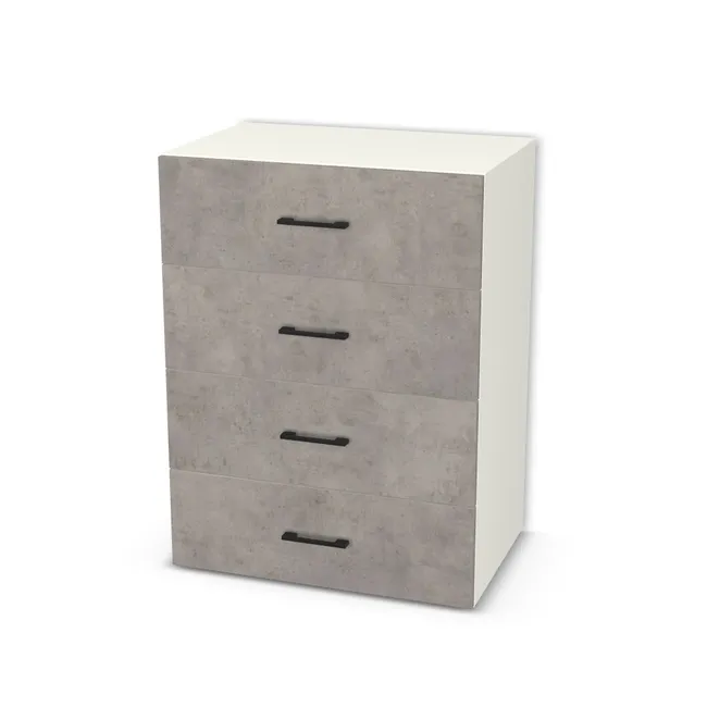 Front: Beton Chicago jasnoszary (F186, ST9), Korpus: Biały premium (W1000, ST19), Materiał pleców: Plecy z płyty HDF 3 mm (biała), Szerokość: 75 cm, Wysokość: 100 cm, Głębokość: 48 cm, Głębokość z frontem: 49,8 cm, Typ szuflady: Z frontem nakładanym, Typ wieńca górnego: Wieniec górny nakładany, Fronty szuflad: 4 fronty szuflad, Liczba szuflad: 4 szuflady, Typ podstawy: Brak (tylko ślizgacze), System domyku: Otwieranie uchwytem (+Hamulec Blumotion), Prowadnice szuflad: Blum Tandem (Optimum Blum), Uchwyty szuflad: Uchwyt 2576 Czarny Mat rozstaw 128 mm (Uchwyt 2576 128 mm), Obrzeże korpusu: 0,8 mm, Obrzeże frontu: 0,8 mm, Rozmieszczenie uchwytów szuflad: Poziomo (centralnie na froncie)