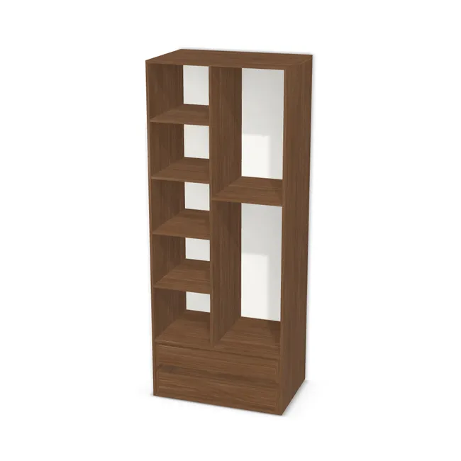Korpus: Orzech Lincoln (H1714, ST19), Materiał pleców: Plecy z płyty HDF 3 mm (biała), Szerokość: 90 cm, Wysokość: 225 cm, Głębokość: 58,2 cm, Szer. części lewej: 42 cm, Wys. części z drążkiem (od wieńca dolnego): 142 cm, Przestrzeń pod drążkiem (od osi drążka do półki): 92,6 cm, Wys. części z szufladami: 40 cm, Układ mebla: Po lewej półki, po prawej szafka na wieszaki, Fronty: Bez frontów, Liczba szuflad: 2 szuflady, Liczba półek: 4 półki, Rozmieszczenie półek: Rozmieszczenie symetryczne półek, Typ podstawy: Brak (tylko ślizgacze), System domyku: Otwieranie naciskiem (Tip-On), Szuflady: Blum Tandem (Optimum Blum), Zawiasy: Dobór we własnym zakresie (Brak), Uchwyty: Brak uchwytów i brak nawiertów (Brak uchwytów), Uchwyty szuflad: Brak uchwytów i brak nawiertów (Brak uchwytów), Podpórki półek: Podpórki Kuadro z zabezpieczeniem (typ 2) (Premium / z zabezp.), Obrzeże korpusu: 0,8 mm, Rodzaj: Zabudowa szeregowa