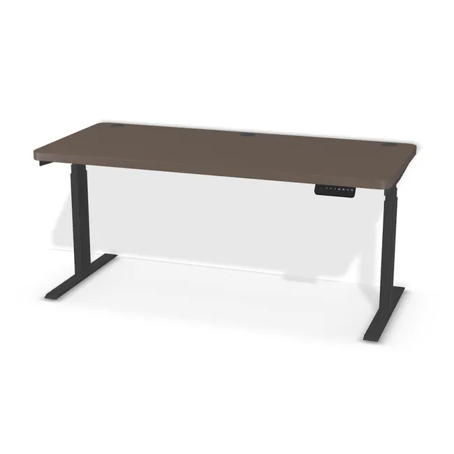 Blat: Brąz Trufla (U748, ST9, 36mm), Szerokość: 150 cm, Głębokość: 67 cm, Kształt blatu: Blat zaoblony (R=50mm), Układ kontrolera: Kontroler po prawej stronie, Pozycja kontrolera (od krawędzi blatu): 13 cm, Przepusty: Lewy róg - środek - prawy róg, Kolor przepustu: Przepust Kablowy z Plastiku fi 60 Czarny (Plastik 60 Czarny), Stelaż: Stelaż elektryczny do biurka FUTURO II (625-1275 mm) czarny (Futuro II Stelaż Czarny), Obrzeże blatu: 2,0 mm