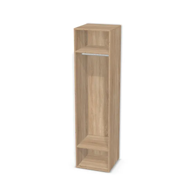 Korpus: Dąb Bardolino naturalny (H1145, ST10), Materiał pleców: Plecy z płyty jak korpus, Szerokość: 50 cm, Wysokość: 200 cm, Głębokość: 50 cm, Wys. części dolnej: 170 cm, Wys. między drążkiem a półką: 130 cm, Układ półek pod drążkiem: Półka stała pod drążkiem, Liczba dodatkowych półek na dole: Bez półek dodatkowych, Drzwi: Bez frontów, Typ podstawy: Brak (tylko ślizgacze), System domyku: Otwieranie uchwytem, Zawiasy: Dobór we własnym zakresie (Brak), Uchwyty: Brak uchwytów i brak nawiertów (Brak uchwytów), Obrzeże korpusu: 0,8 mm, Rodzaj: Zabudowa szeregowa