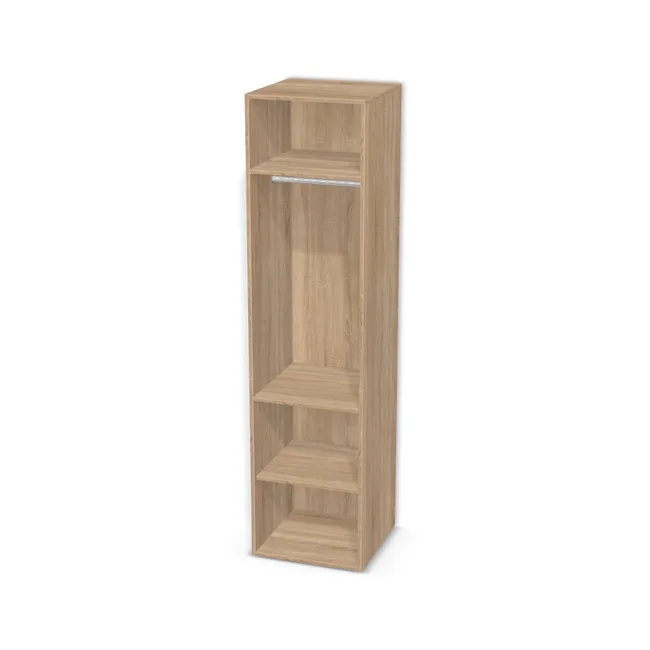 Korpus: Dąb Bardolino naturalny (H1145, ST10), Materiał pleców: Plecy z płyty jak korpus, Szerokość: 50 cm, Wysokość: 200 cm, Głębokość: 50 cm, Wys. części dolnej: 170 cm, Wys. między drążkiem a półką: 90 cm, Układ półek pod drążkiem: Półka stała pod drążkiem, Liczba dodatkowych półek na dole: 1 półka dodatkowa, Drzwi: Bez frontów, Rozmieszczenie półek: Rozmieszczenie symetryczne półek, Typ podstawy: Brak (tylko ślizgacze), System domyku: Otwieranie uchwytem, Zawiasy: Dobór we własnym zakresie (Brak), Uchwyty: Brak uchwytów i brak nawiertów (Brak uchwytów), Podpórki półek: Podpórki Kuadro z zabezpieczeniem (typ 2) (Premium / z zabezp.), Obrzeże korpusu: 0,8 mm, Rodzaj: Zabudowa szeregowa