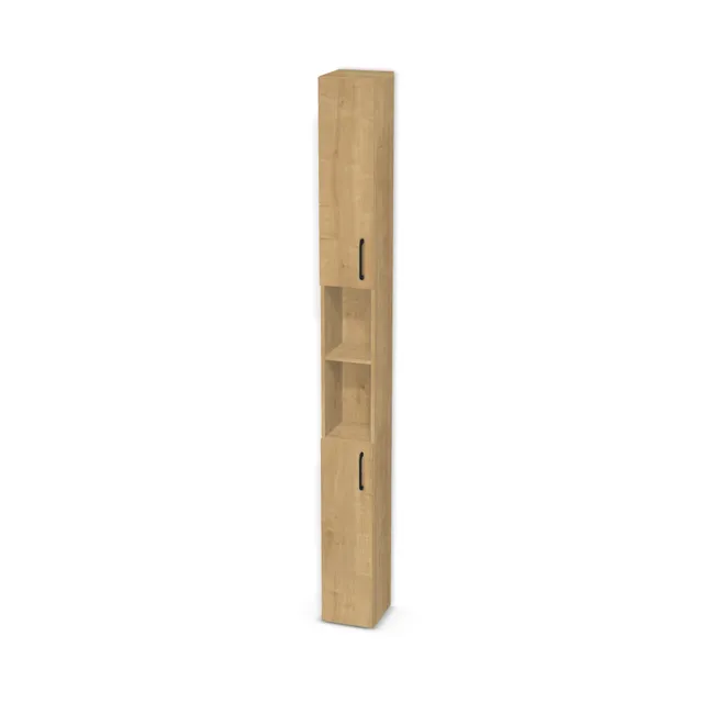 Front: Dąb Hamilton naturalny (H3303, ST10) Usłojenie Pionowe, Korpus: Dąb Hamilton naturalny (H3303, ST10), Usłojenie frontu: Pionowe, Materiał pleców: Plecy z płyty jak korpus, Szerokość: 25 cm, Wysokość: 250 cm, Głębokość: 25 cm, Głębokość z frontem: 26,8 cm, Wys. części górnej: 90 cm, Wys. części dolnej: 90 cm, Drzwi: 2 fronty - otwierane w lewo, Liczba półek na górze: 2 półki, Liczba półek na środku: 1 półka, Liczba półek na dole: 1 półka, Rozmieszczenie półek: Rozmieszczenie symetryczne półek, Typ podstawy: Brak (tylko ślizgacze), System domyku: Otwieranie uchwytem, Zawiasy: Blum ClipTop 110 cichy domyk (Premium), Uchwyty: Uchwyt UU05 - czarny mat / rozstaw 160mm (UU05-160-L36 160), Podpórki półek: Podpórki Kuadro z zabezpieczeniem (typ 2) (Premium / z zabezp.), Obrzeże korpusu: 0,8 mm, Obrzeże frontu: 0,8 mm, Rozmieszczenie uchwytów: Pionowo (góra frontu 50 mm, bok 50 mm), Rozmieszczenie uchwytów (na górze): Pionowo (dół frontu 50 mm), bok 50 mm), Rodzaj: Zabudowa szeregowa