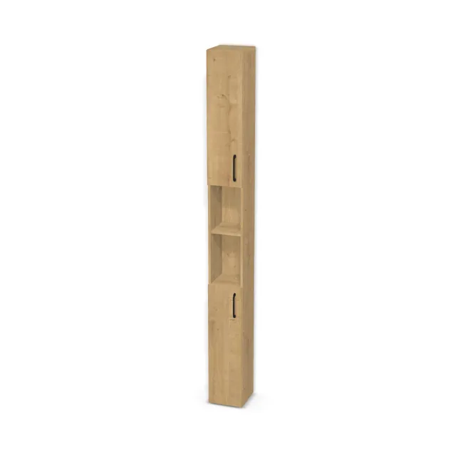 Front: Dąb Hamilton naturalny (H3303, ST10) Usłojenie Pionowe, Korpus: Dąb Hamilton naturalny (H3303, ST10), Usłojenie frontu: Pionowe, Materiał pleców: Plecy z płyty jak korpus, Szerokość: 25 cm, Wysokość: 250 cm, Głębokość: 25 cm, Głębokość z frontem: 26,8 cm, Wys. części górnej: 90 cm, Wys. części dolnej: 90 cm, Drzwi: 2 fronty - otwierane w lewo, Liczba półek na górze: 2 półki, Liczba półek na środku: 1 półka, Liczba półek na dole: 1 półka, Rozmieszczenie półek: Rozmieszczenie symetryczne półek, Typ podstawy: Brak (tylko ślizgacze), System domyku: Otwieranie uchwytem, Zawiasy: Blum ClipTop 110 cichy domyk (Premium), Uchwyty: Uchwyt UU05 - czarny mat / rozstaw 160mm (UU05-160-L36 160), Podpórki półek: Podpórki Kuadro z zabezpieczeniem (typ 2) (Premium / z zabezp.), Obrzeże korpusu: 0,8 mm, Obrzeże frontu: 0,8 mm, Rozmieszczenie uchwytów: Pionowo (góra frontu 50 mm, bok 50 mm), Rozmieszczenie uchwytów (na górze): Pionowo (dół frontu 50 mm), bok 50 mm), Rodzaj: Zabudowa szeregowa