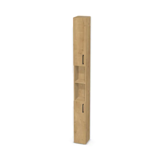 Front: Dąb Hamilton naturalny (H3303, ST10) Usłojenie Pionowe, Korpus: Dąb Hamilton naturalny (H3303, ST10), Usłojenie frontu: Pionowe, Materiał pleców: Plecy z płyty jak korpus, Szerokość: 25 cm, Wysokość: 250 cm, Głębokość: 25 cm, Głębokość z frontem: 26,8 cm, Wys. części górnej: 90 cm, Wys. części dolnej: 90 cm, Drzwi: 2 fronty - otwierane w lewo, Liczba półek na górze: 2 półki, Liczba półek na środku: 1 półka, Liczba półek na dole: 1 półka, Rozmieszczenie półek: Rozmieszczenie symetryczne półek, Typ podstawy: Brak (tylko ślizgacze), System domyku: Otwieranie uchwytem, Zawiasy: Blum ClipTop 110 cichy domyk (Premium), Uchwyty: Uchwyt UU05 - czarny mat / rozstaw 160mm (UU05-160-L36 160), Podpórki półek: Podpórki Kuadro z zabezpieczeniem (typ 2) (Premium / z zabezp.), Obrzeże korpusu: 0,8 mm, Obrzeże frontu: 0,8 mm, Rozmieszczenie uchwytów: Pionowo (góra frontu 50 mm, bok 50 mm), Rozmieszczenie uchwytów (na górze): Pionowo (dół frontu 50 mm), bok 50 mm), Rodzaj: Zabudowa szeregowa