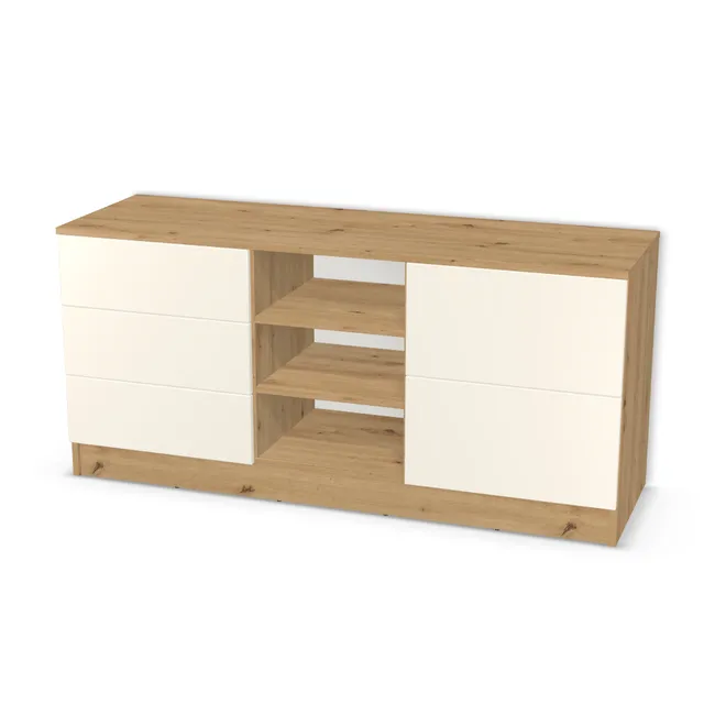 Front: Biały porcelanowy (W1200, ST9), Korpus: Dąb dziki naturalny (H1318, ST10), Materiał pleców: Plecy z płyty HDF 3 mm (biała), Szerokość: 150 cm, Wysokość: 60 cm, Wysokość z cokołem: 70 cm, Głębokość: 45 cm, Głęb. całkowita: 47 cm, Szer. części środkowej: 40 cm, Układ: Szuflady, półki, szuflady, Fronty szuflad: 5 frontów szuflad, Liczba szuflad w lewej części: 3 szuflady po lewej, Liczba szuflad w prawej części: 2 szuflady po prawej, Liczba półek na środku: 2 półki, Typ podstawy: Cokół 10 cm, System domyku: Otwieranie naciskiem (Tip-On), Przepust kablowy: Bez przepustu, Szuflady: Blum Tandem (Optimum Blum), Uchwyty szuflad: Brak uchwytów i brak nawiertów (Brak uchwytów), Podpórki półek: Podpórki Kuadro z zabezpieczeniem (typ 2) (Premium / z zabezp.), Obrzeże korpusu: 0,8 mm, Obrzeże frontu: 2,0 mm