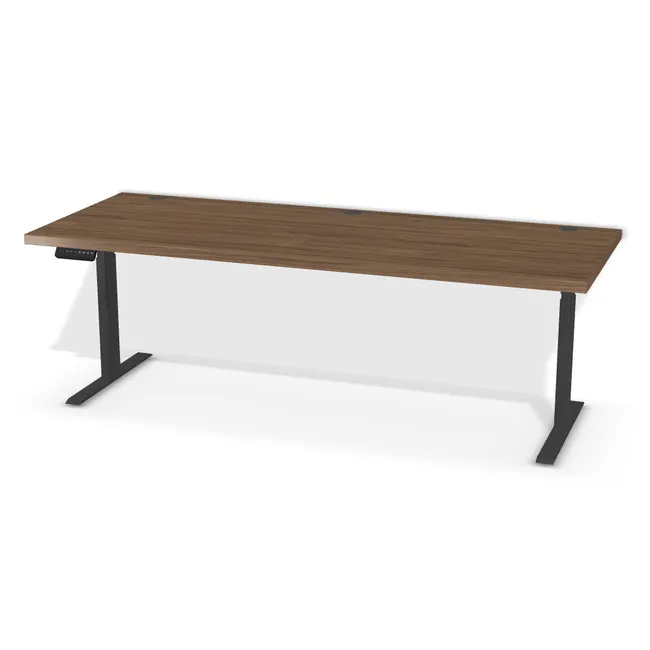 Blat: Orzech Carini naturalny (H3710, ST12, 36mm), Szerokość: 200 cm, Głębokość: 77 cm, Kształt blatu: Blat prostokątny, Układ kontrolera: Kontroler po lewej stronie, Pozycja kontrolera (od krawędzi blatu): 13 cm, Przepusty: Lewy róg - środek - prawy róg, Kolor przepustu: Przepust Kablowy z Plastiku fi 60 Czarny (Plastik 60 Czarny), Stelaż: Stelaż elektryczny do biurka FUTURO II (625-1275 mm) czarny (Futuro II Stelaż Czarny), Obrzeże blatu: 2,0 mm