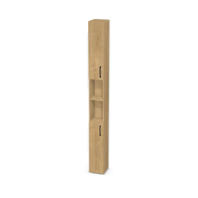 Front: Dąb Hamilton naturalny (H3303, ST10) Usłojenie Pionowe, Korpus: Dąb Hamilton naturalny (H3303, ST10), Usłojenie frontu: Pionowe, Materiał pleców: Plecy z płyty jak korpus, Szerokość: 25 cm, Wysokość: 250 cm, Głębokość: 25 cm, Głębokość z frontem: 26,8 cm, Wys. części górnej: 90 cm, Wys. części dolnej: 90 cm, Drzwi: 2 fronty - otwierane w lewo, Liczba półek na górze: 2 półki, Liczba półek na środku: 1 półka, Liczba półek na dole: 1 półka, Rozmieszczenie półek: Rozmieszczenie symetryczne półek, Typ podstawy: Brak (tylko ślizgacze), System domyku: Otwieranie uchwytem, Zawiasy: Blum ClipTop 110 cichy domyk (Premium), Uchwyty: Uchwyt UU05 - czarny mat / rozstaw 160mm (UU05-160-L36 160), Podpórki półek: Podpórki Kuadro z zabezpieczeniem (typ 2) (Premium / z zabezp.), Obrzeże korpusu: 0,8 mm, Obrzeże frontu: 0,8 mm, Rozmieszczenie uchwytów: Pionowo (góra frontu 50 mm, bok 50 mm), Rozmieszczenie uchwytów (na górze): Pionowo (dół frontu 50 mm), bok 50 mm), Rodzaj: Zabudowa szeregowa