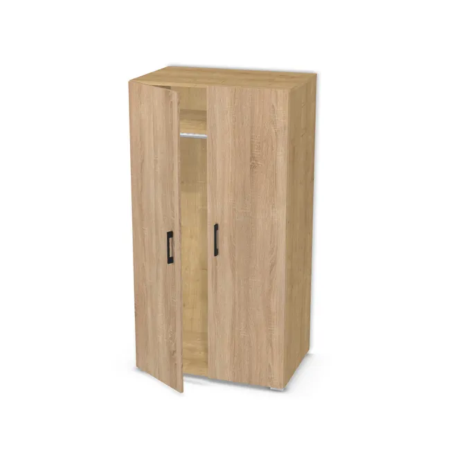 Front: Dąb Bardolino naturalny (H1145, ST10) Usłojenie Pionowe, Korpus: Dąb Hamilton naturalny (H3303, ST10), Usłojenie frontu: Pionowe, Materiał pleców: Plecy z płyty jak korpus, Szerokość: 80 cm, Wysokość: 150 cm, Wysokość z nóżkami: 152 cm, Głębokość: 50 cm, Głębokość z frontem: 51,8 cm, Wys. części dolnej: 128 cm, Przestrzeń pod drążkiem (od osi drążka do wieńca dolnego): 117,7 cm, Układ półek pod drążkiem: Bez półki pod drążkiem, Drzwi: 2 fronty - lewy i prawy, Typ podstawy: Nóżki (wg wyboru), System domyku: Otwieranie uchwytem, Zawiasy: Blum ClipTop 110 cichy domyk (Premium), Nóżki: Stopka K041 - tworzywo - chrom wys 2 cm (Stopka chrom 2cm), Uchwyty: Uchwyt 2576 Czarny Mat rozstaw 128 mm (Uchwyt 2576 128 mm), Obrzeże korpusu: 0,8 mm, Obrzeże frontu: 0,8 mm, Rozmieszczenie uchwytów: Pionowo (środek frontu, bok 50 mm)