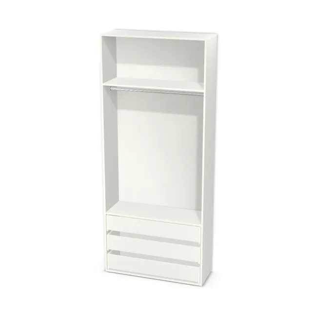 Korpus: Biały klasyczny (W960, SM), Materiał pleców: Plecy z płyty jak korpus, Szerokość: 106 cm, Wysokość: 250 cm, Głębokość: 38 cm, Wys. części z drążkiem (od wieńca dolnego): 202 cm, Przestrzeń pod drążkiem (od osi drążka do półki): 126,6 cm, Wys. części z szufladami: 66 cm, Fronty: Bez frontów - nawierty pod prowadniki lewe i prawe, Liczba szuflad: 3 szuflady, Typ podstawy: Brak (tylko ślizgacze), System domyku: Otwieranie uchwytem (+Hamulec Blumotion), Szuflady: Blum Movento (Premium Blum), Zawiasy: Blum ClipTop 110 cichy domyk (Premium), Uchwyty: Brak uchwytów i brak nawiertów (Brak uchwytów), Uchwyty szuflad: Brak uchwytów i brak nawiertów (Brak uchwytów), Obrzeże korpusu: 0,8 mm, Rodzaj: Zabudowa szeregowa