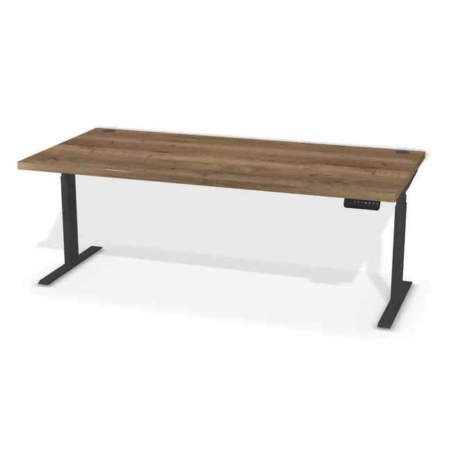 Blat: Dąb Halifax tabak (H1181, ST37, 36mm), Szerokość: 180 cm, Głębokość: 85 cm, Kształt blatu: Blat prostokątny, Układ kontrolera: Kontroler po prawej stronie, Pozycja kontrolera (od krawędzi blatu): 6,5 cm, Przepusty: Lewy i prawy róg, Kolor przepustu: Przepust Kablowy z Plastiku fi 60 Czarny (Plastik 60 Czarny), Stelaż: Stelaż elektryczny do biurka FUTURO II (625-1275 mm) czarny (Futuro II Stelaż Czarny), Obrzeże blatu: 2,0 mm