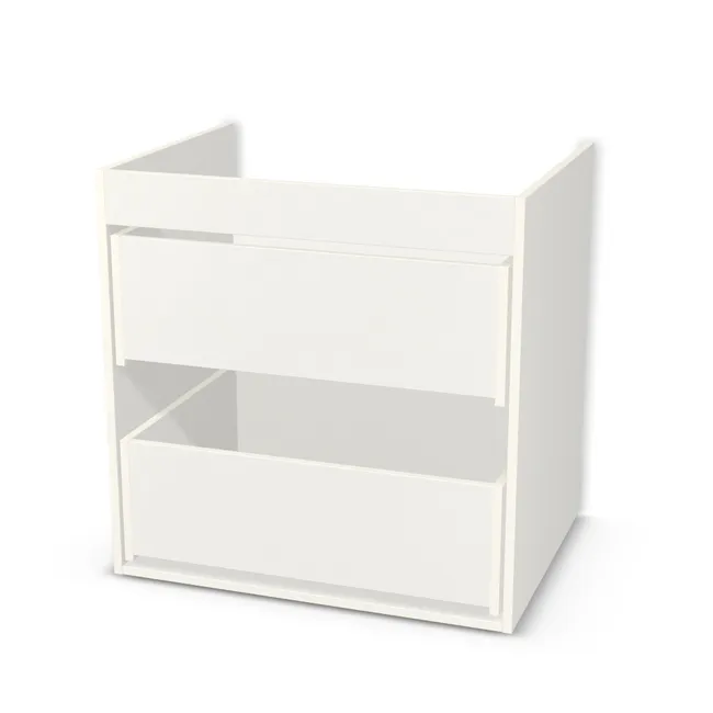 Korpus: Biały klasyczny (W960, SM), Szerokość: 80 cm, Wysokość: 80 cm, Głębokość: 60 cm, Głębokość z frontem: 61,8 cm, Wew. przestrzeń na umywalkę: 58,2 cm, Typ wieńca górnego: Brak wieńca górnego, Fronty szuflad: Bez frontów szuflad, Liczba szuflad: 2 szuflady, Liczba szuflad pod syfon: Bez szuflad pod syfon, Typ podstawy: Brak (tylko ślizgacze), System domyku: Otwieranie uchwytem (+Hamulec Blumotion), Prowadnice szuflad: Blum Tandem (Optimum Blum), Uchwyty szuflad: Brak uchwytów i brak nawiertów (Brak uchwytów), Obrzeże korpusu: 0,8 mm