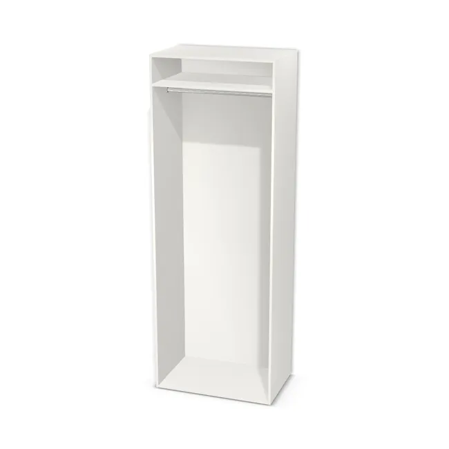 Korpus: Biały klasyczny (W960, ST7), Materiał pleców: Plecy z płyty HDF 3 mm (biała), Szerokość: 90 cm, Wysokość: 250 cm, Głębokość: 56 cm, Wys. części dolnej: 230 cm, Przestrzeń pod drążkiem (od osi drążka do wieńca dolnego): 219,7 cm, Układ półek pod drążkiem: Bez półki pod drążkiem, Drzwi: Bez frontów, Typ podstawy: Brak (tylko ślizgacze), System domyku: Otwieranie uchwytem, Zawiasy: Dobór we własnym zakresie (Brak), Uchwyty: Brak uchwytów i brak nawiertów (Brak uchwytów), Obrzeże korpusu: 0,8 mm