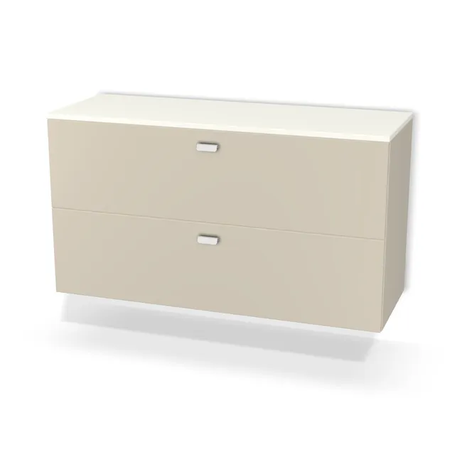Blat: Biały premium (W1000, ST9, 18mm), Front: Szary Taupe (U750, ST9), Korpus: Szary Taupe (U750, ST9), Szerokość: 118 cm, Wysokość: 65 cm, Głębokość: 41 cm, Głęb. całkowita: 43 cm, Wew. przestrzeń na umywalkę: 31 cm, Typ wieńca górnego: Wieniec górny nakładany wysunięty nad front, Fronty szuflad: 2 fronty szuflad, Liczba szuflad: 2 szuflady, Liczba szuflad pod syfon: 1 szuflada pod syfon, Szer. wcięcia: 15 cm, Głęb. wcięcia: 20,3 cm, Pozycja wcięcia  (względem środka szuflady/szafki): 0 cm, System domyku: Otwieranie uchwytem (+Hamulec Blumotion), Prowadnice szuflad: Blum Movento (Premium Blum), Zawieszki: Zawieszki Camar (udźwig 600kg) (Premium Camar), Uchwyty szuflad: Uchwyt meblowy FLAPP 0610 - efekt stali nierdzewnej / rozstaw 32 mm (Uchwyt FLAPP 32 mm), Obrzeże korpusu: 2,0 mm, Obrzeże frontu: 2,0 mm, Obrzeże blatu: 2,0 mm, Rozmieszczenie uchwytów szuflad: Poziomo (góra frontu 50 mm, środek)