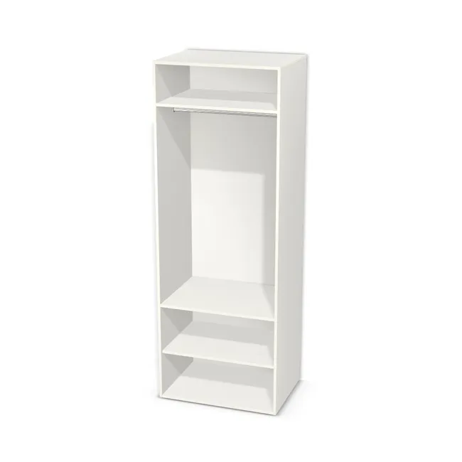 Korpus: Biały klasyczny (W960, SM), Materiał pleców: Plecy z płyty HDF 3 mm (biała), Szerokość: 81 cm, Wysokość: 224 cm, Głębokość: 58 cm, Wys. części dolnej: 198,2 cm, Wys. między drążkiem a półką: 125 cm, Układ półek pod drążkiem: Półka stała pod drążkiem, Drzwi: Bez frontów, Liczba dodatkowych półek na dole: 1 półka dodatkowa, Rozmieszczenie półek: Rozmieszczenie symetryczne półek, Typ podstawy: Brak (tylko ślizgacze), System domyku: Otwieranie uchwytem, Zawiasy: Dobór we własnym zakresie (Brak), Uchwyty: Brak uchwytów i brak nawiertów (Brak uchwytów), Podpórki półek: Podpórki półki fi 5 mm (Basic / ruchome), Obrzeże korpusu: 0,8 mm, Rodzaj: Zabudowa szeregowa