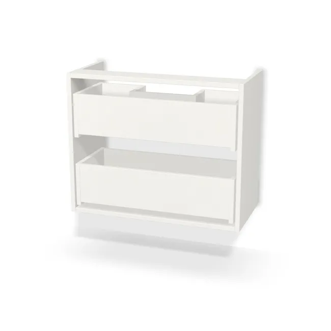 Korpus: Biały klasyczny (W960, SM), Szerokość: 70,3 cm, Wysokość: 57 cm, Głębokość: 32 cm, Głębokość z frontem: 33,8 cm, Wew. przestrzeń na umywalkę: 22 cm, Typ wieńca górnego: Brak wieńca górnego, Fronty szuflad: Bez frontów szuflad, Liczba szuflad: 2 szuflady, Liczba szuflad pod syfon: 1 szuflada pod syfon, Szer. wcięcia: 24 cm, Głęb. wcięcia: 12,3 cm, Pozycja wcięcia  (względem środka szuflady/szafki): 0 cm, System domyku: Otwieranie uchwytem (+Hamulec Blumotion), Prowadnice szuflad: Blum Tandem (Optimum Blum), Zawieszki: Zawieszki Camar (udźwig 600kg) (Premium Camar), Uchwyty szuflad: Brak uchwytów i brak nawiertów (Brak uchwytów), Obrzeże korpusu: 0,8 mm