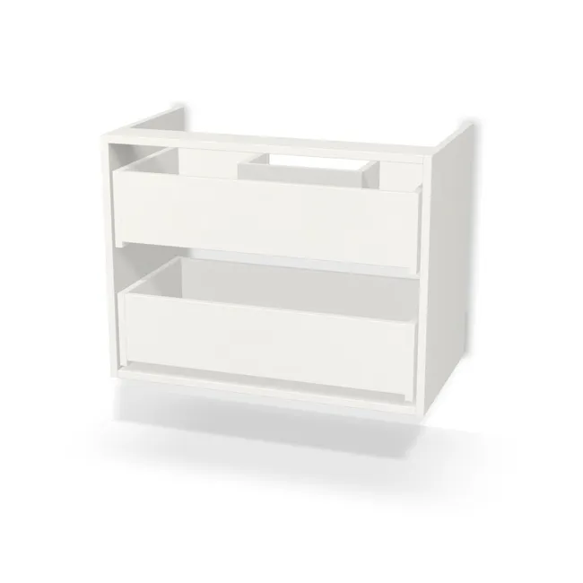 Korpus: Biały klasyczny (W960, SM), Szerokość: 74,7 cm, Wysokość: 57 cm, Głębokość: 42 cm, Głębokość z frontem: 43,8 cm, Wew. przestrzeń na umywalkę: 32 cm, Typ wieńca górnego: Brak wieńca górnego, Fronty szuflad: Bez frontów szuflad, Liczba szuflad: 2 szuflady, Liczba szuflad pod syfon: 1 szuflada pod syfon, Szer. wcięcia: 26 cm, Głęb. wcięcia: 15 cm, Pozycja wcięcia  (względem środka szuflady/szafki): 3 cm, System domyku: Otwieranie uchwytem (+Hamulec Blumotion), Prowadnice szuflad: Blum Tandem (Optimum Blum), Zawieszki: Zawieszki Camar (udźwig 600kg) (Premium Camar), Uchwyty szuflad: Brak uchwytów i brak nawiertów (Brak uchwytów), Obrzeże korpusu: 0,8 mm