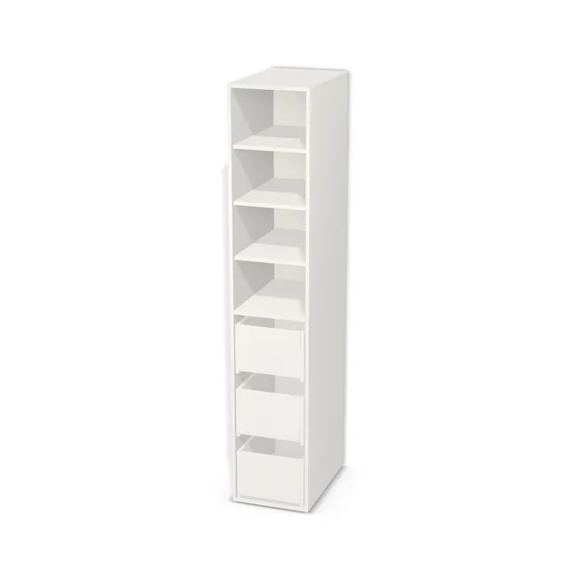 Korpus: Biały klasyczny (W960, SM), Materiał pleców: Plecy z płyty jak korpus, Szerokość: 40 cm, Wysokość: 210 cm, Głębokość: 60 cm, Wys. części z szufladami: 100 cm, Drzwi: Bez frontów - nawierty pod prowadniki lewe, Liczba szuflad: 3 szuflady, Liczba półek: 3 półki, Rozmieszczenie półek: Rozmieszczenie symetryczne półek, Typ podstawy: Brak (tylko ślizgacze), System domyku: Otwieranie naciskiem (Tip-On), Szuflady: Blum Tandem (Optimum Blum), Zawiasy: Blum ClipTop 110 bez sprężyny (Premium), Uchwyty: Brak uchwytów i brak nawiertów (Brak uchwytów), Uchwyty szuflad: Brak uchwytów i brak nawiertów (Brak uchwytów), Podpórki półek: Podpórki Kuadro z zabezpieczeniem (typ 2) (Premium / z zabezp.), Obrzeże korpusu: 0,8 mm, Rodzaj: Zabudowa szeregowa