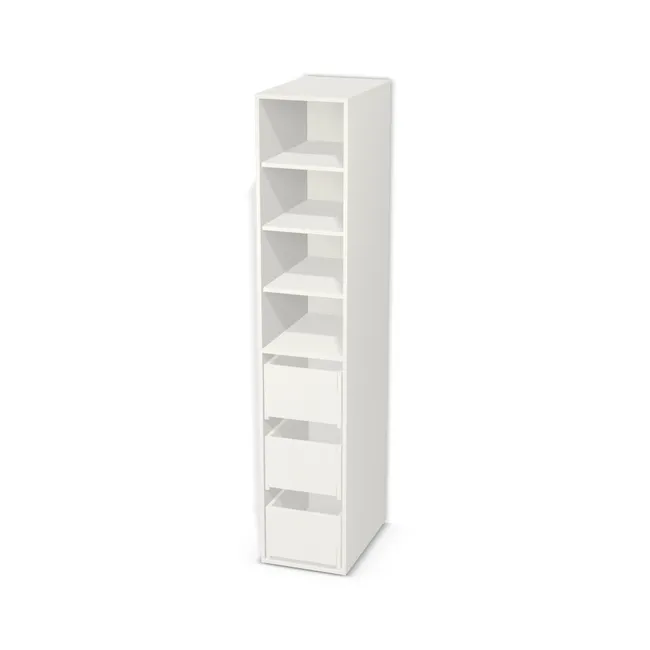 Korpus: Biały klasyczny (W960, SM), Materiał pleców: Plecy z płyty jak korpus, Szerokość: 40 cm, Wysokość: 210 cm, Głębokość: 60 cm, Wys. części z szufladami: 100 cm, Drzwi: Bez frontów - nawierty pod prowadniki lewe, Liczba szuflad: 3 szuflady, Liczba półek: 3 półki, Rozmieszczenie półek: Rozmieszczenie symetryczne półek, Typ podstawy: Brak (tylko ślizgacze), System domyku: Otwieranie naciskiem (Tip-On), Szuflady: Blum Tandem (Optimum Blum), Zawiasy: Blum ClipTop 110 bez sprężyny (Premium), Uchwyty: Brak uchwytów i brak nawiertów (Brak uchwytów), Uchwyty szuflad: Brak uchwytów i brak nawiertów (Brak uchwytów), Podpórki półek: Podpórki Kuadro z zabezpieczeniem (typ 2) (Premium / z zabezp.), Obrzeże korpusu: 0,8 mm, Rodzaj: Zabudowa szeregowa