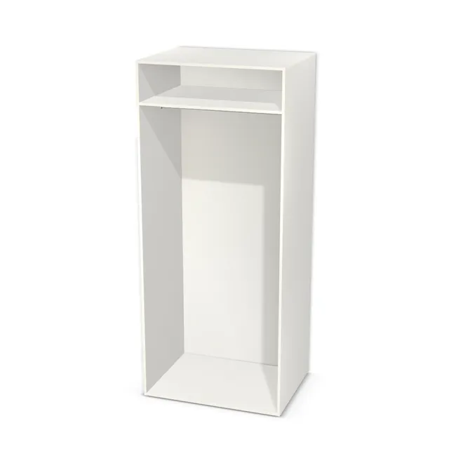 Korpus: Biały klasyczny (W960, SM), Materiał pleców: Plecy z płyty jak korpus, Szerokość: 100 cm, Wysokość: 236 cm, Głębokość: 75 cm, Wys. części dolnej: 209 cm, Przestrzeń pod drążkiem (od osi drążka do wieńca dolnego): 198,7 cm, Układ półek pod drążkiem: Bez półki pod drążkiem, Drzwi: Bez frontów, Typ podstawy: Brak (tylko ślizgacze), System domyku: Otwieranie uchwytem, Zawiasy: Dobór we własnym zakresie (Brak), Uchwyty: Brak uchwytów i brak nawiertów (Brak uchwytów), Obrzeże korpusu: 0,8 mm