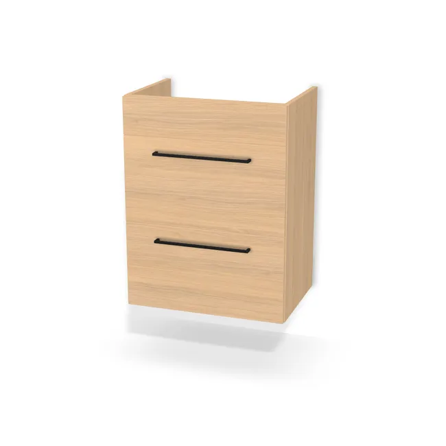 Front: Dąb Vicenza bielony (H3152, ST19) Usłojenie Poziome, Korpus: Dąb Vicenza bielony (H3152, ST19), Usłojenie frontu: Poziome, Szerokość: 56 cm, Wysokość: 73 cm, Głębokość: 37 cm, Głębokość z frontem: 38,8 cm, Wew. przestrzeń na umywalkę: 35,2 cm, Wysokość blendy: 13 cm, Wys. wspornika (trawersu) za blendą: 10 cm, Typ wieńca górnego: Brak wieńca górnego, Fronty szuflad: 2 fronty szuflad, Liczba szuflad: 2 szuflady, Liczba szuflad pod syfon: 1 szuflada pod syfon, Szer. wcięcia: 15 cm, Głęb. wcięcia: 15 cm, Pozycja wcięcia  (względem środka szuflady/szafki): -2,5 cm, System domyku: Otwieranie uchwytem (+Hamulec Blumotion), Prowadnice szuflad: Blum Movento (Premium Blum), Zawieszki: Zawieszki Camar (udźwig 600kg) (Premium Camar), Uchwyty szuflad: Uchwyt U 0056 - czarny mat / rozstaw 320 mm (Uchwyt 0056 320 mm), Pozycja zawieszki: 0 cm, Obrzeże korpusu: 0,8 mm, Obrzeże frontu: 0,8 mm, Rozmieszczenie uchwytów szuflad: Poziomo (góra frontu 50 mm, środek)