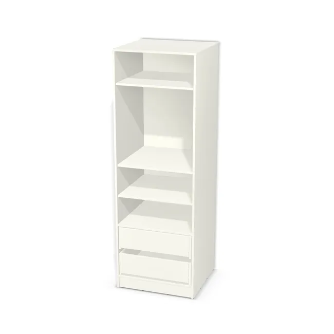 Korpus: Biały premium (W1000, ST19), Materiał pleców: Plecy z płyty jak korpus, Szerokość: 70 cm, Wysokość: 198 cm, Wysokość z cokołem: 208 cm, Głębokość: 66 cm, Wys. części z szufladami: 48 cm, Fronty: Bez frontów, Liczba szuflad: 2 szuflady, Liczba półek: 3 półki, Rozmieszczenie półek: Własne ustawienie, Typ podstawy: Cokół 10 cm, System domyku: Otwieranie uchwytem (+Hamulec Blumotion), Szuflady: Blum Tandem (Optimum Blum), Zawiasy: Dobór we własnym zakresie (Brak), Uchwyty: Brak uchwytów i brak nawiertów (Brak uchwytów), Uchwyty szuflad: Brak uchwytów i brak nawiertów (Brak uchwytów), Podpórki półek: Podpórki Kuadro z zabezpieczeniem (typ 2) (Premium / z zabezp.), Obrzeże korpusu: 2,0 mm