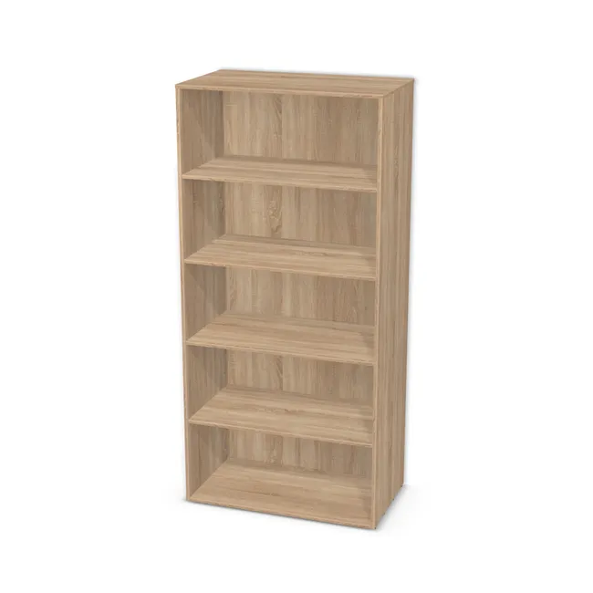 Korpus: Dąb Bardolino naturalny (H1145, ST10), Materiał pleców: Plecy z płyty jak korpus, Szerokość: 94,5 cm, Wysokość: 200 cm, Głębokość: 53 cm, Liczba półek: 4 półki, Rozmieszczenie półek: Rozmieszczenie symetryczne półek, Typ podstawy: Brak (tylko ślizgacze), Podpórki półek: Podpórki Kuadro z zabezpieczeniem (typ 2) (Premium / z zabezp.), Obrzeże korpusu: 2,0 mm