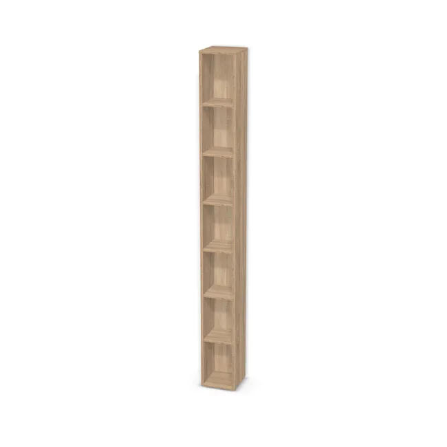 Korpus: Dąb Bardolino naturalny (H1145, ST10), Materiał pleców: Plecy z płyty jak korpus, Szerokość: 25 cm, Wysokość: 236 cm, Głębokość: 25 cm, Liczba półek: 6 półek, Rozmieszczenie półek: Rozmieszczenie symetryczne półek, Typ podstawy: Brak (tylko ślizgacze), Podpórki półek: Podpórki półki fi 5 mm (Basic / ruchome), Obrzeże korpusu: 0,8 mm